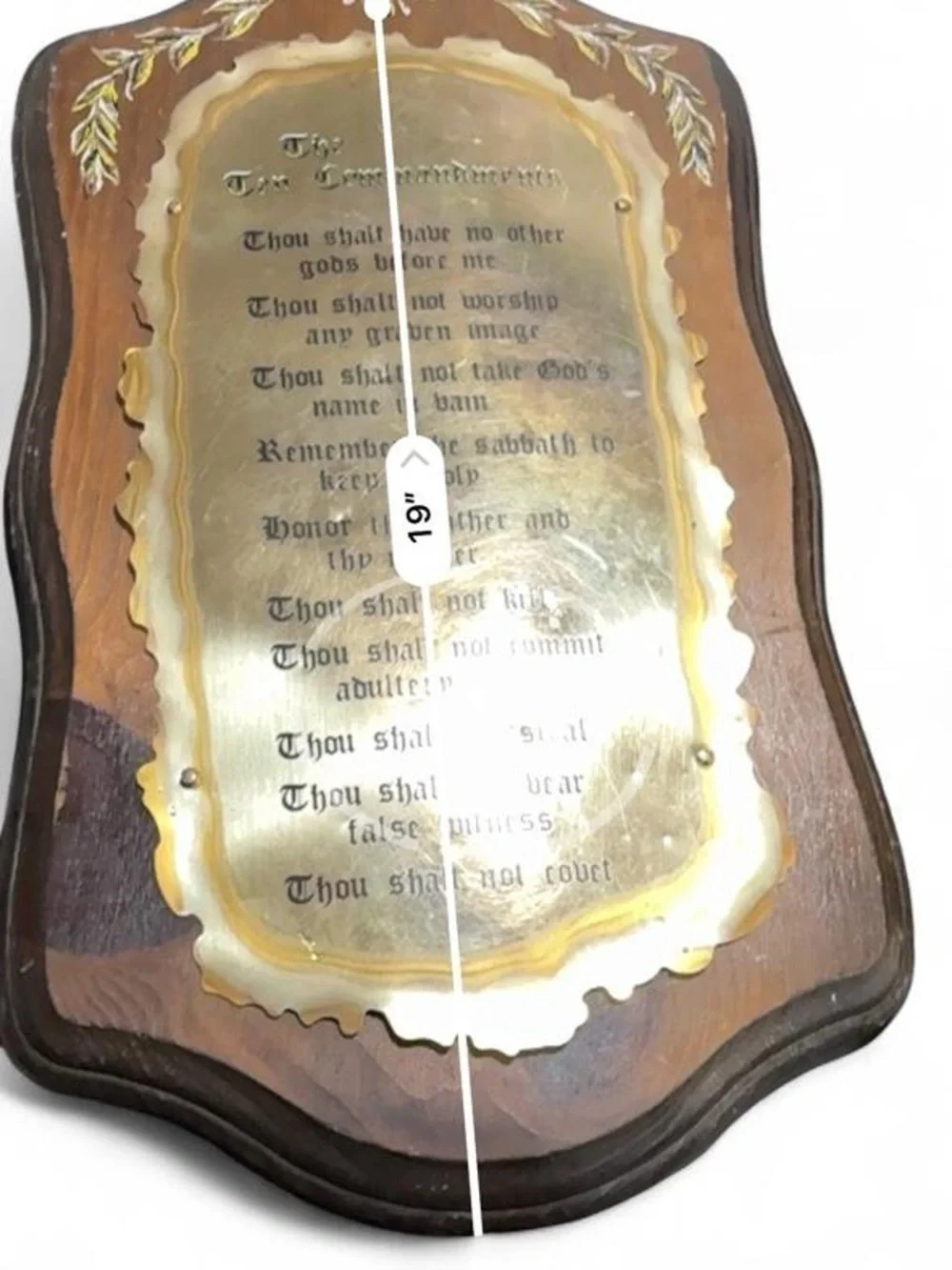 Vintage Wooden Ten Commandments Wall Plaque Brass Metal Plate Floral Accents 19